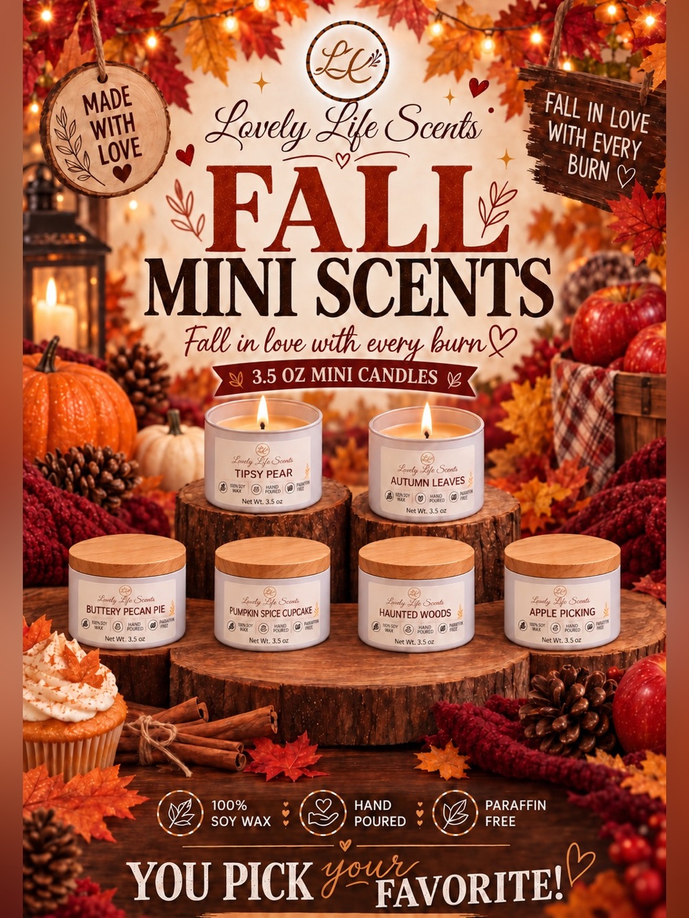 Hand Crafted 3.5 oz Mini Premium Soy Fall Candles Lovely Life Scents